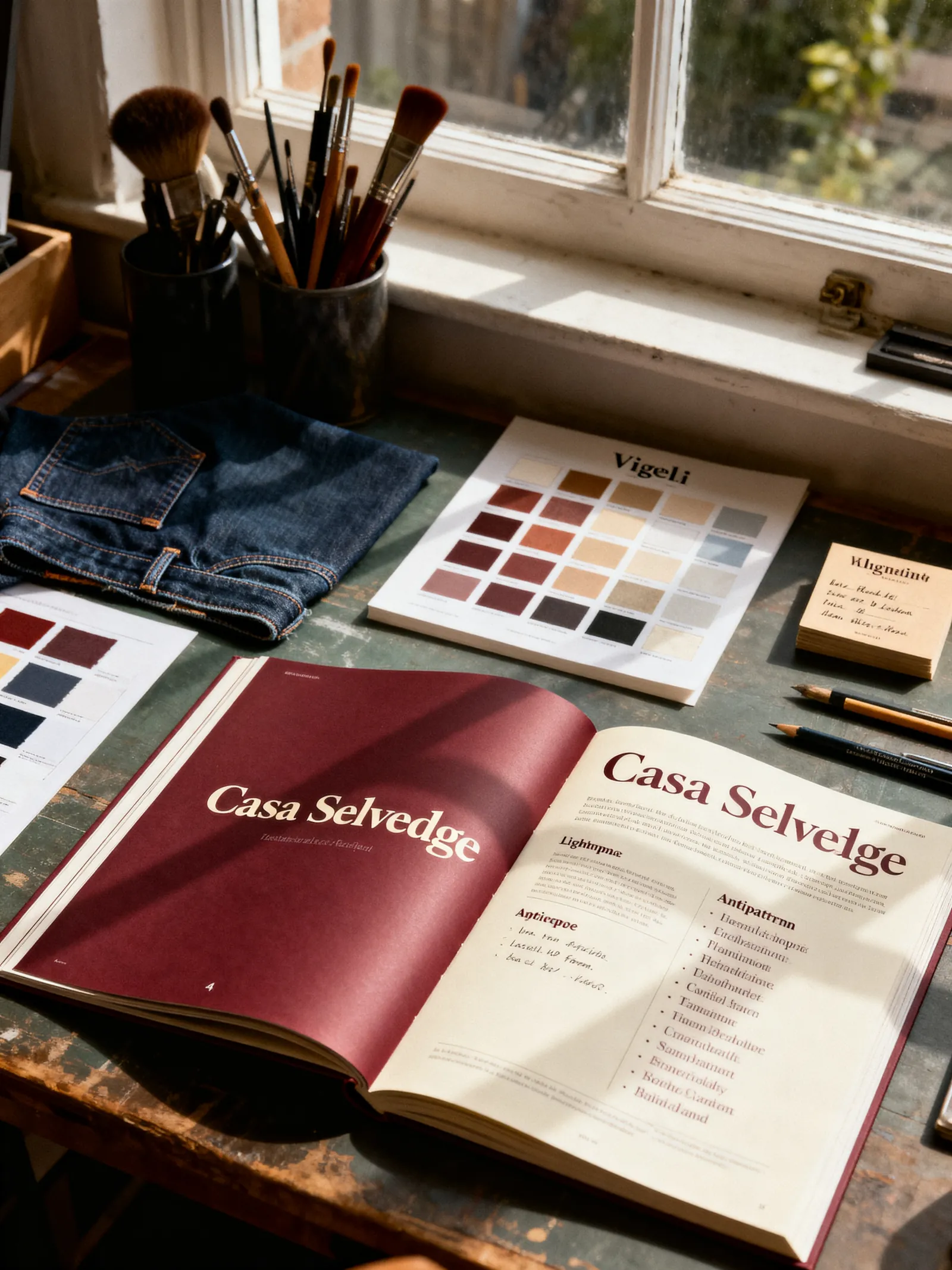 A4 brand-identity Bible spread, palette swatches and lighting notes typeset in serif, oxblood and ink on cream
