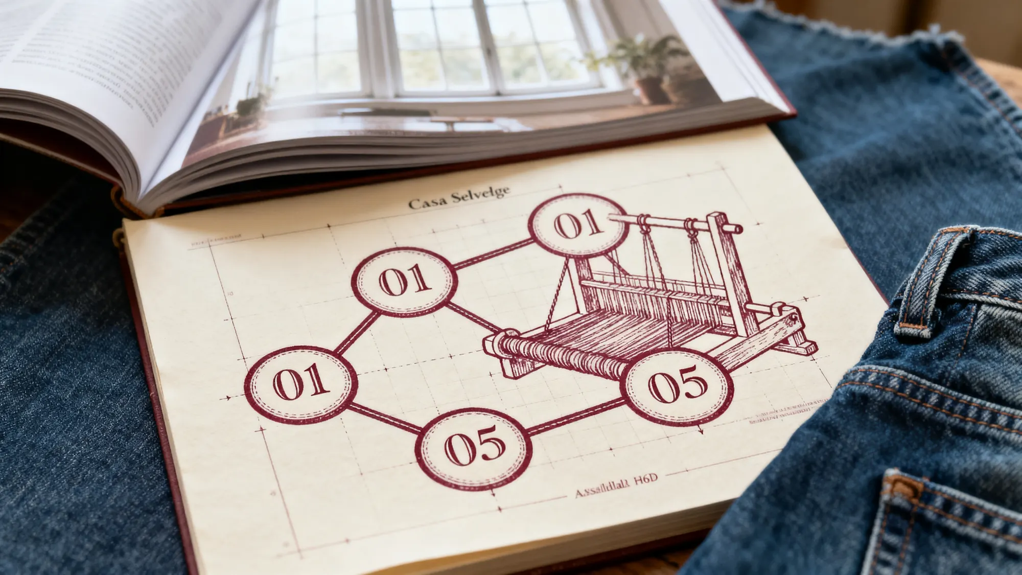 Hand-drawn five-node Selvedge Loom diagram, William Morris arts-and-crafts ink illustration on cream paper