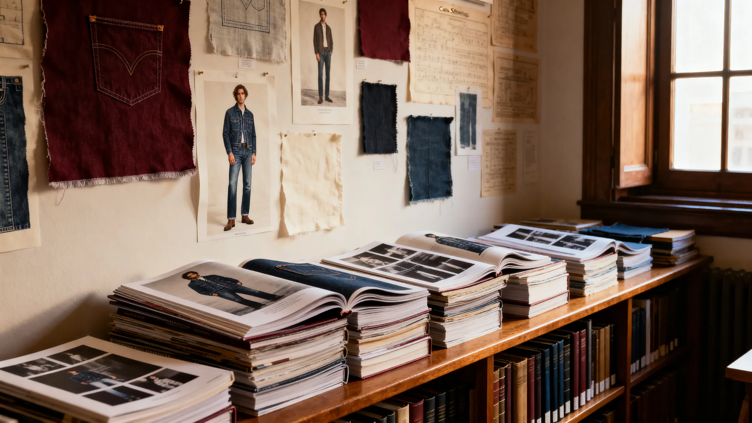 Casa Selvedge Vault, stacked archive of contact sheets and lookbooks on a wooden library shelf in dim warm light